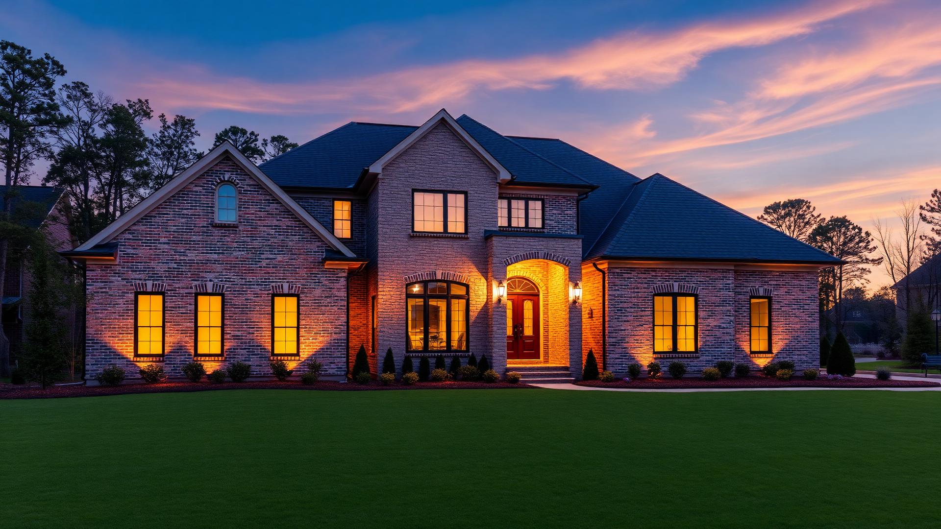 Brick and stone luxury home in Canton, Georgia lit at golden hour